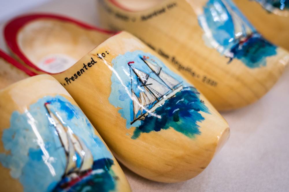 Wooden shoes hand painted by Dr. Fleischmann are given as prizes to the winners of the style and speed competitions